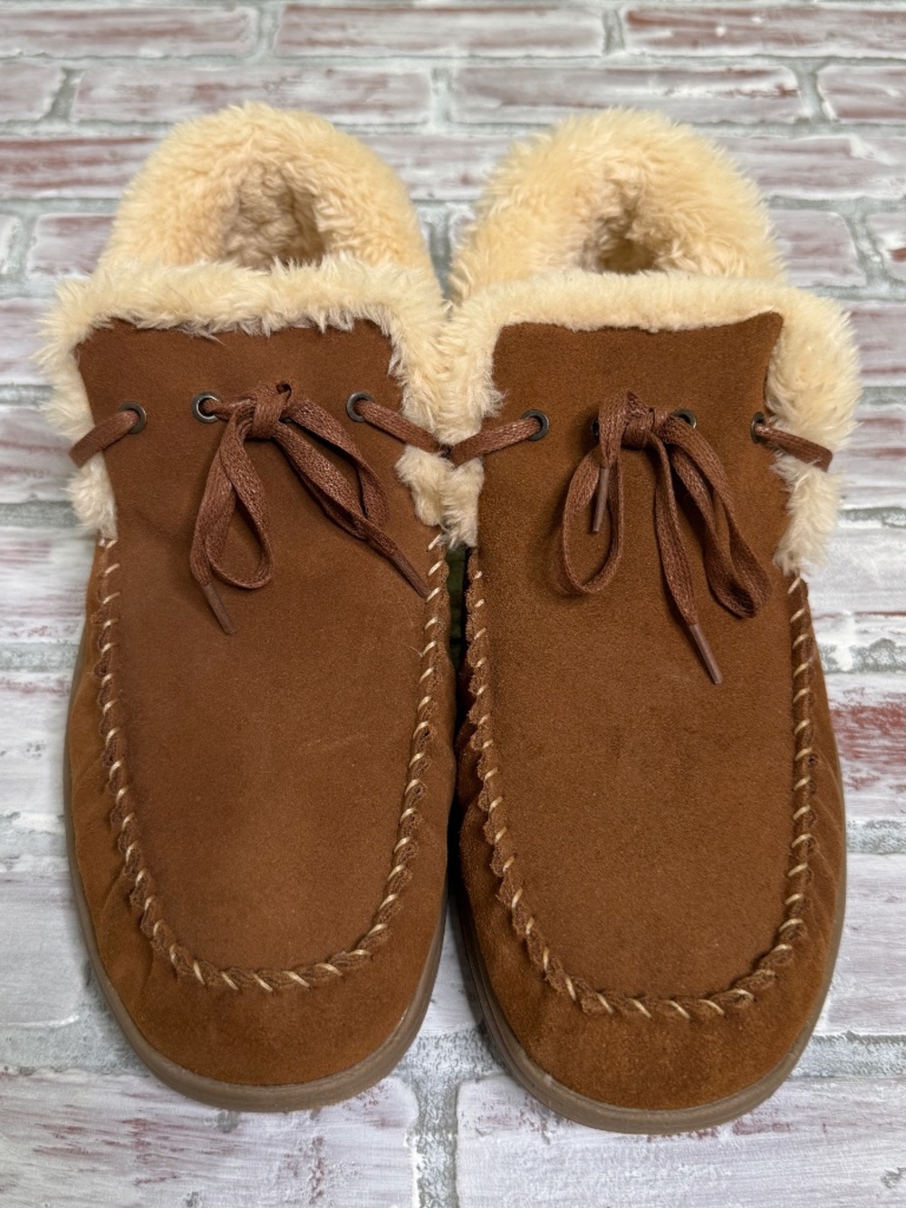 Orthofeet Tuscany Brown Suede Moccasin Slippers Men Size 13 Orthopedic Faux Fur